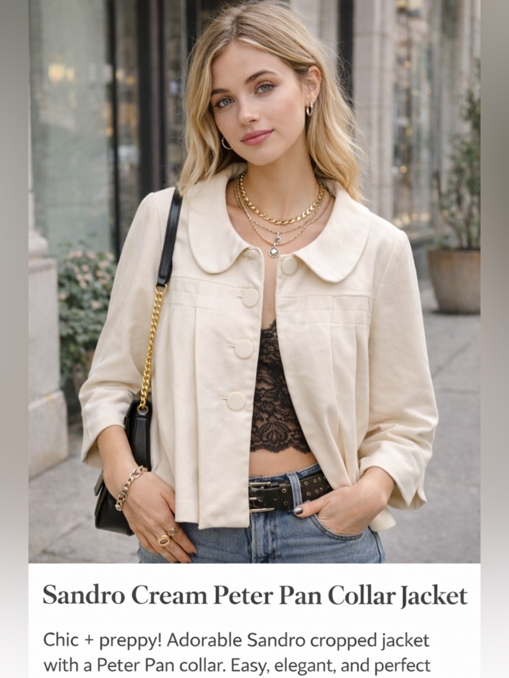 Sandro Womens Cream Cropped Jacket Peter Pan Collar Button Front Preppy VintageM
